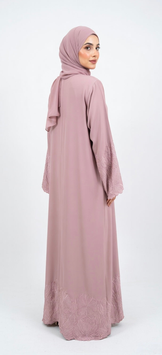 PINK EMBROIDERY ABAYA WITH SIMPLE DESIGN. (WITHOUT HIJAB)