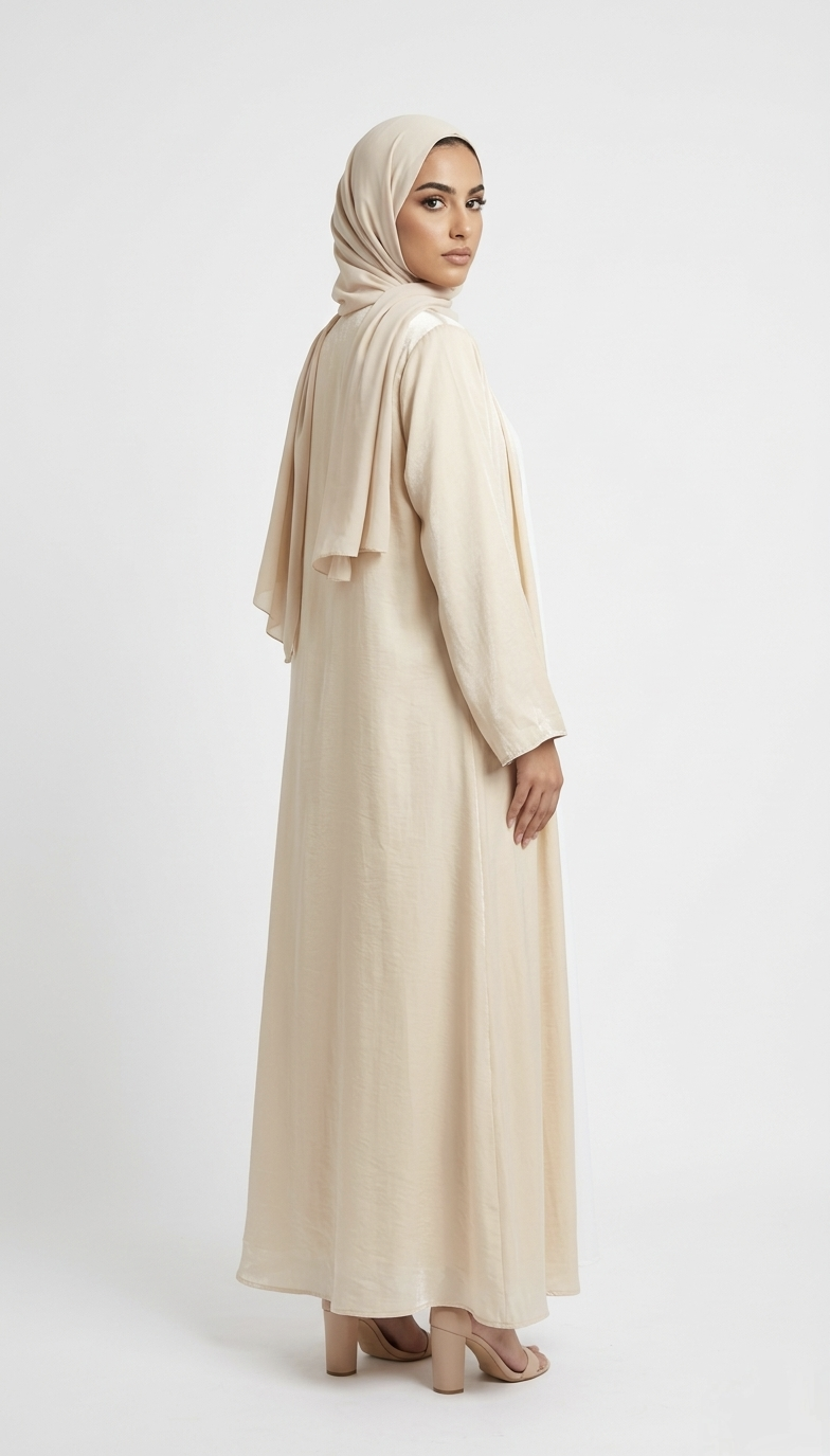 HIZA GOLDEN GLOW SATIN ABAYA KIMONO SUBTLE SHIMMER TEXTURE AND WIDE SLEEVES. (WITHOUT HIJAB)