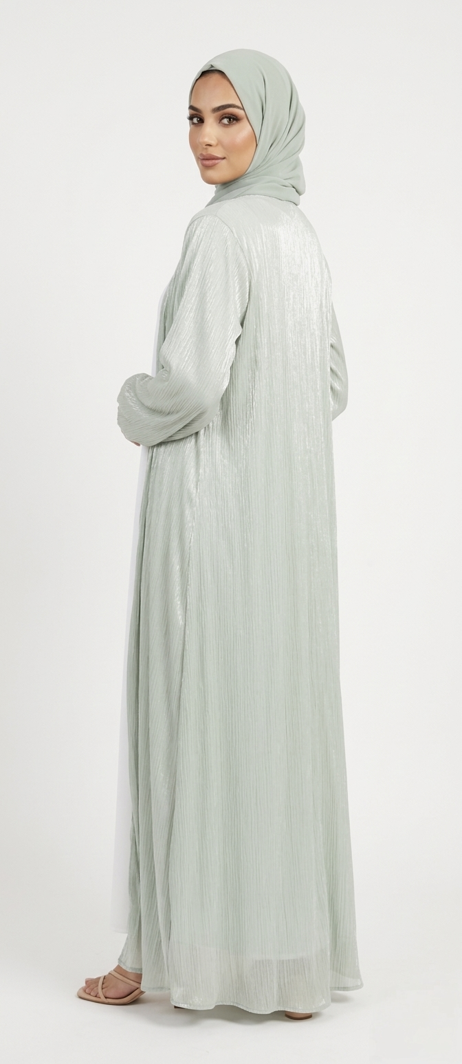 KIMOKY MINT GREEN SATIN ABAYA KIMONO SUBTLE SHIMMER TEXTURE AND WIDE SLEEVES. (WITHOUT HIJAB)