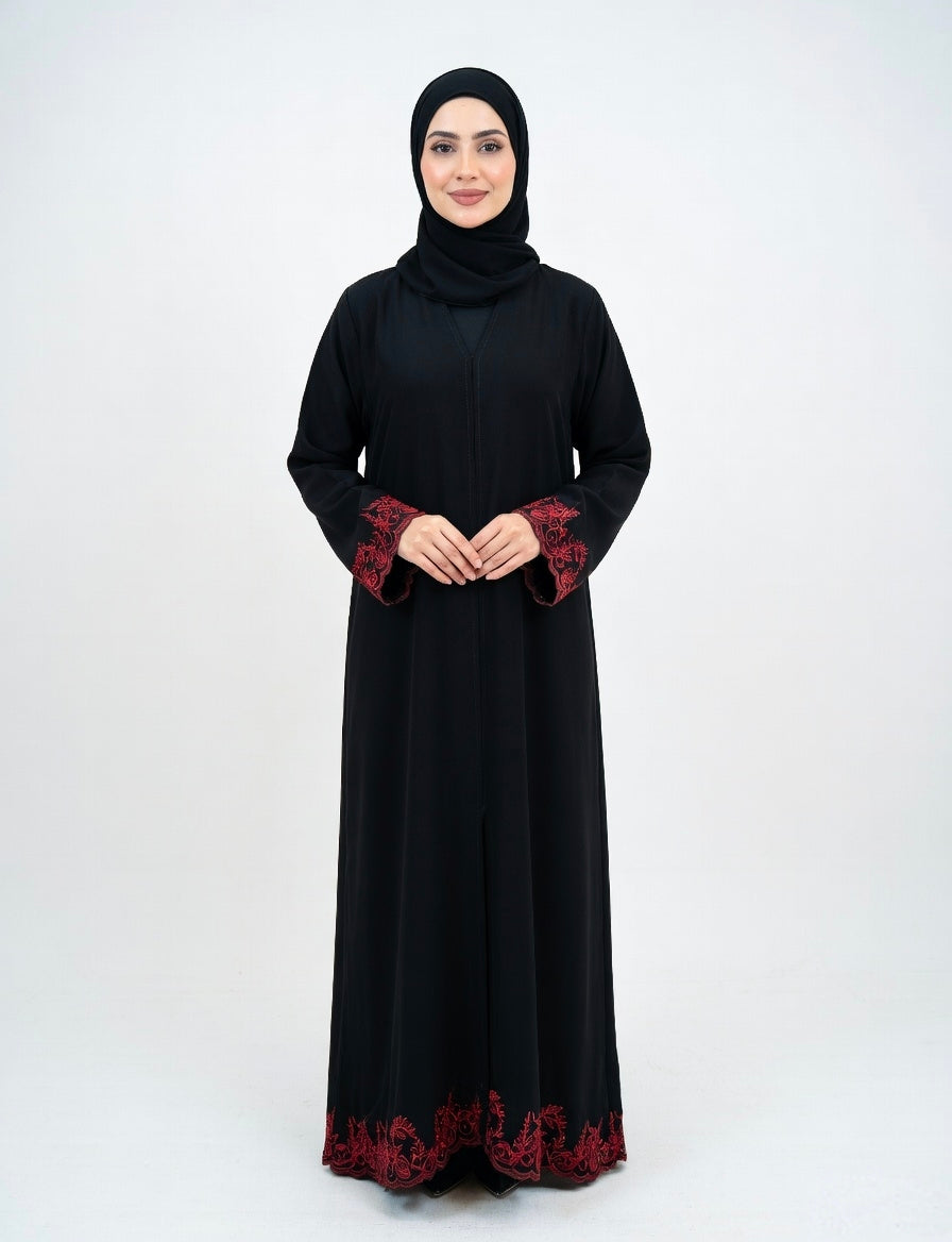 BLACK ABAYA WITH RED EMBROIDERY WITH SIMPLE DESIGN. (WITHOUT HIJAB)
