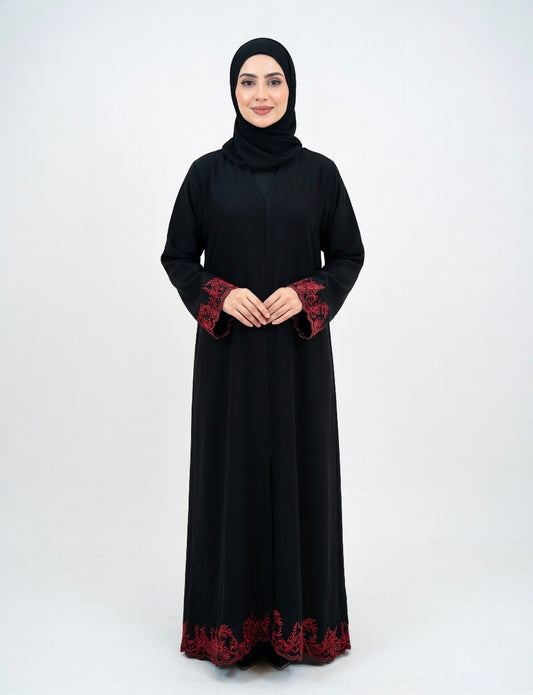 BLACK ABAYA WITH RED EMBROIDERY WITH SIMPLE DESIGN. (WITHOUT HIJAB)