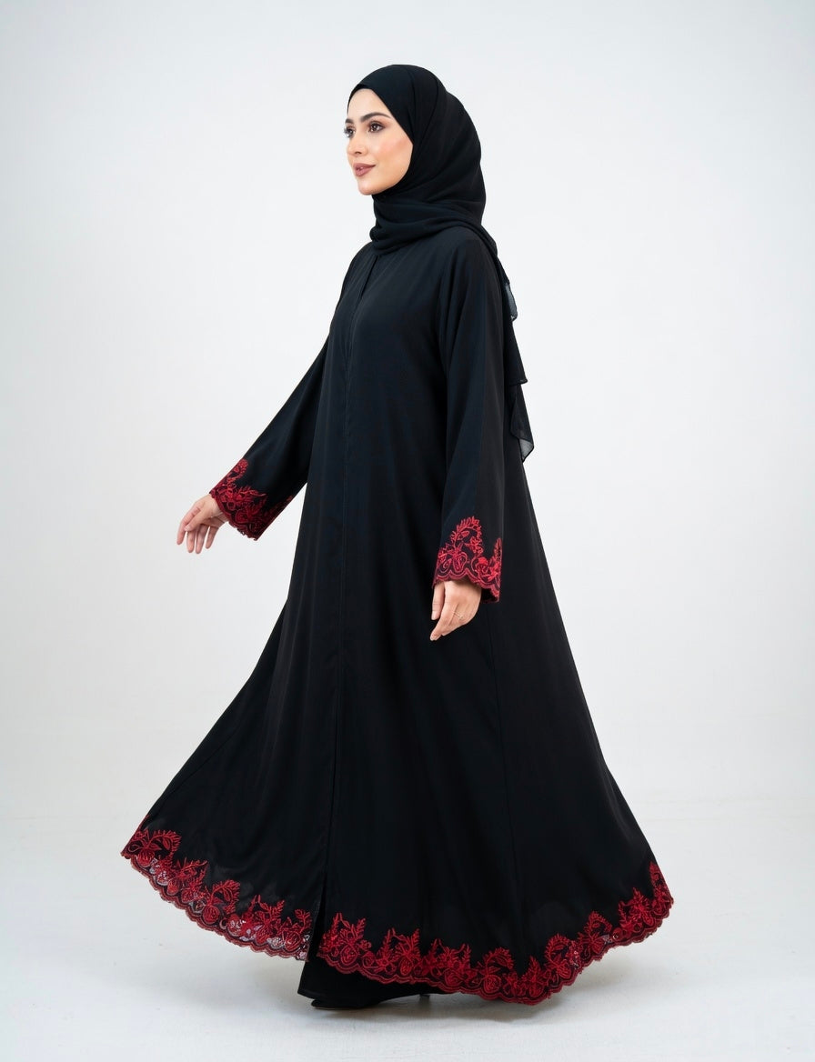 BLACK ABAYA WITH RED EMBROIDERY WITH SIMPLE DESIGN. (WITHOUT HIJAB)