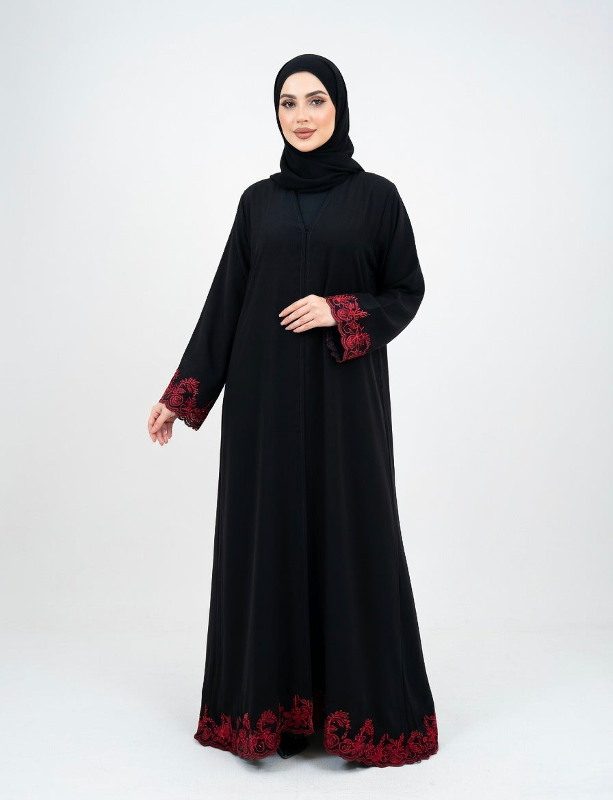BLACK ABAYA WITH RED EMBROIDERY WITH SIMPLE DESIGN. (WITHOUT HIJAB)