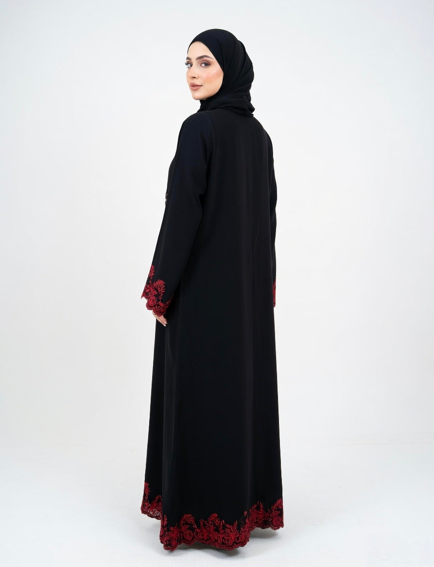 BLACK ABAYA WITH RED EMBROIDERY WITH SIMPLE DESIGN. (WITHOUT HIJAB)