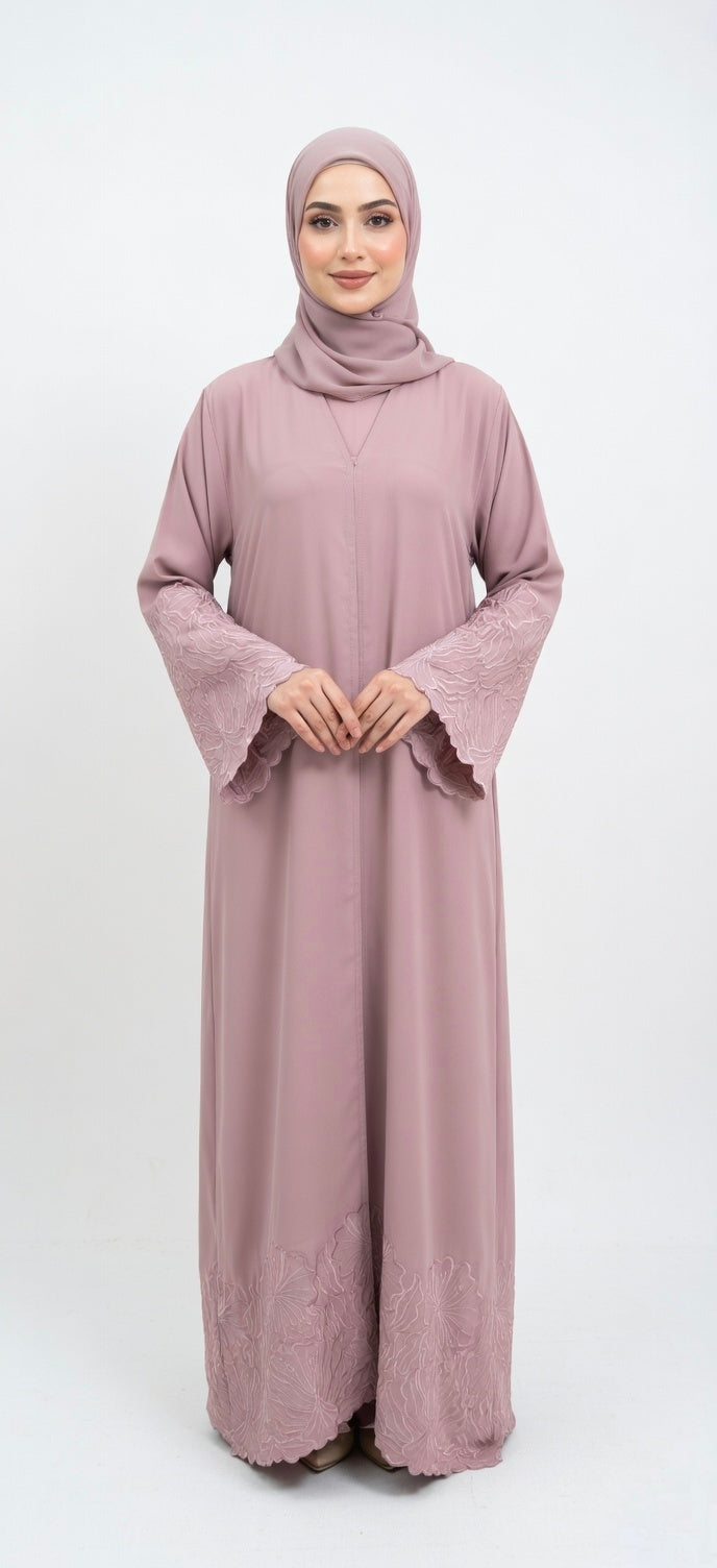 PINK EMBROIDERY ABAYA WITH SIMPLE DESIGN. (WITHOUT HIJAB)