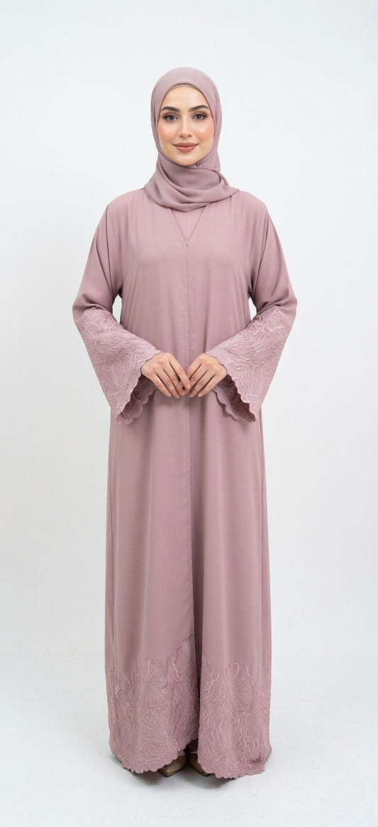 PINK EMBROIDERY ABAYA WITH SIMPLE DESIGN. (WITHOUT HIJAB)