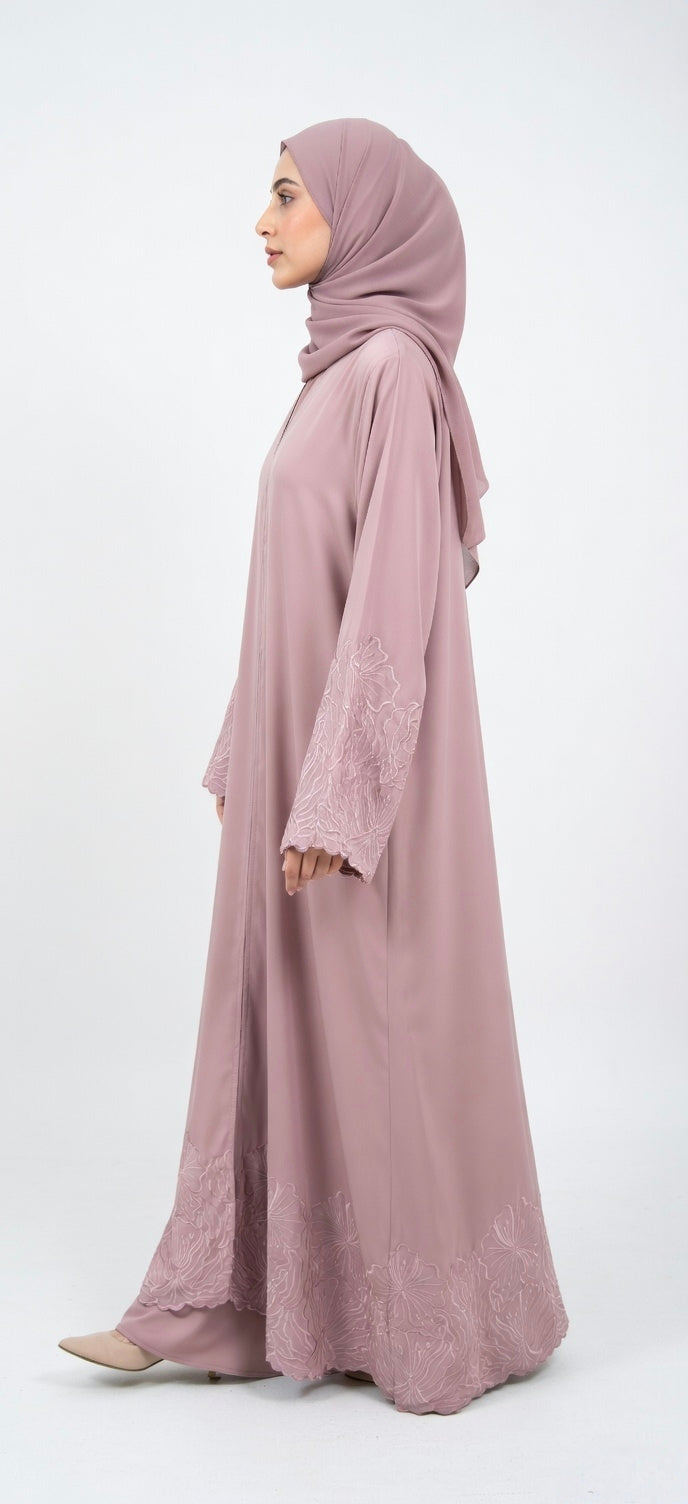 PINK EMBROIDERY ABAYA WITH SIMPLE DESIGN. (WITHOUT HIJAB)