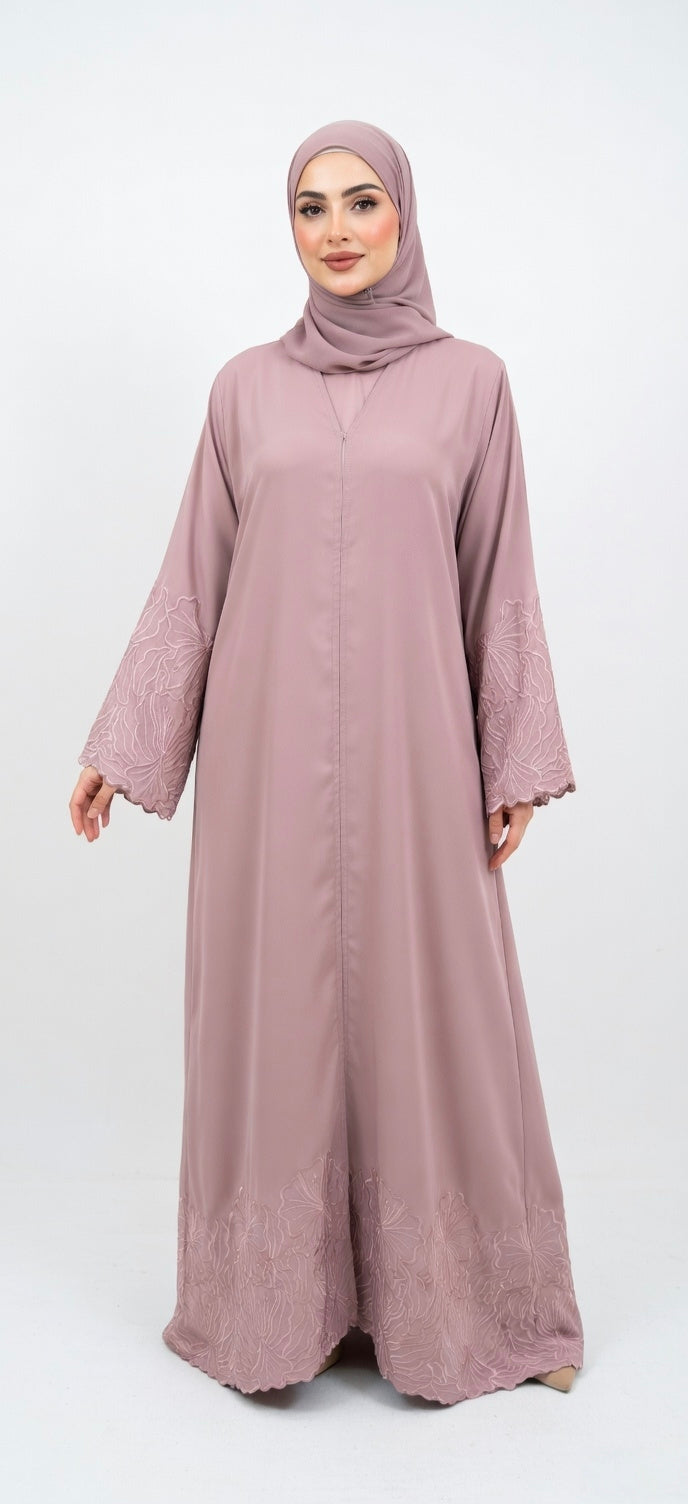 PINK EMBROIDERY ABAYA WITH SIMPLE DESIGN. (WITHOUT HIJAB)