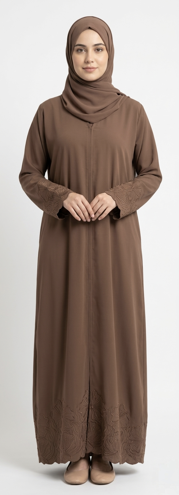 BROWN/ CHOCOLATE EMBROIDERY ABAYA WITH SIMPLE DESIGN. (WITHOUT HIJAB)