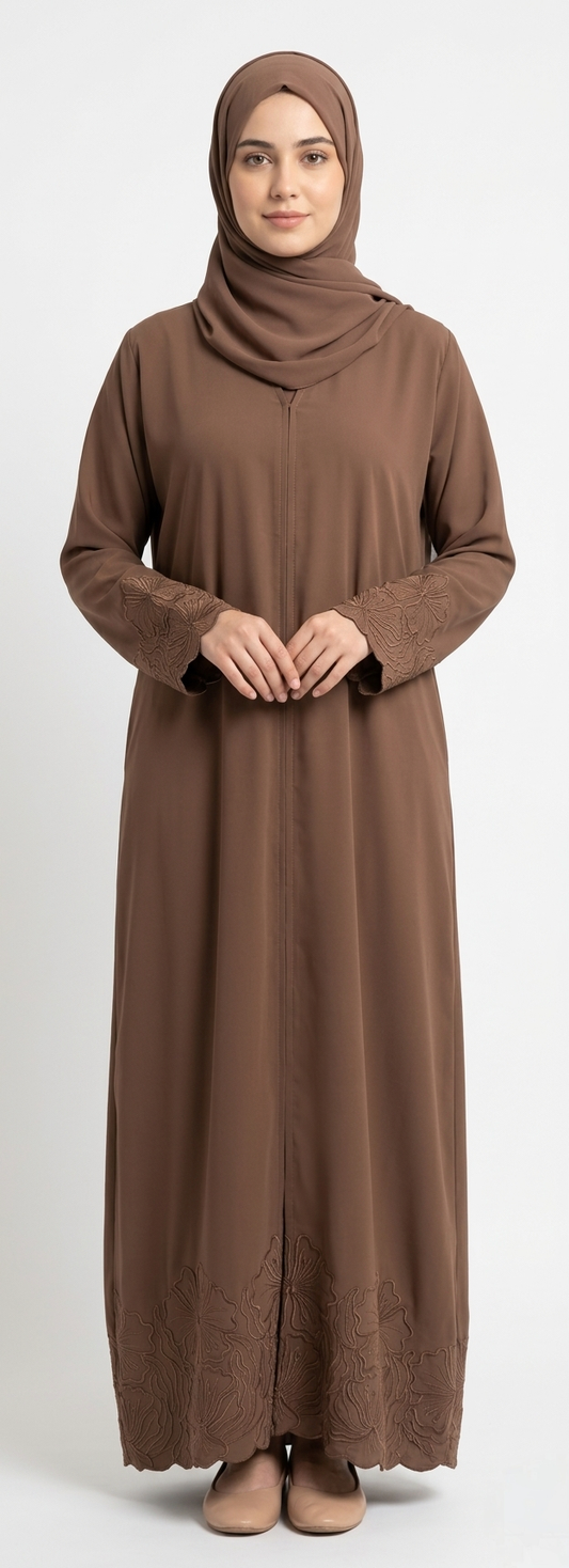BROWN/ CHOCOLATE EMBROIDERY ABAYA WITH SIMPLE DESIGN. (WITHOUT HIJAB)