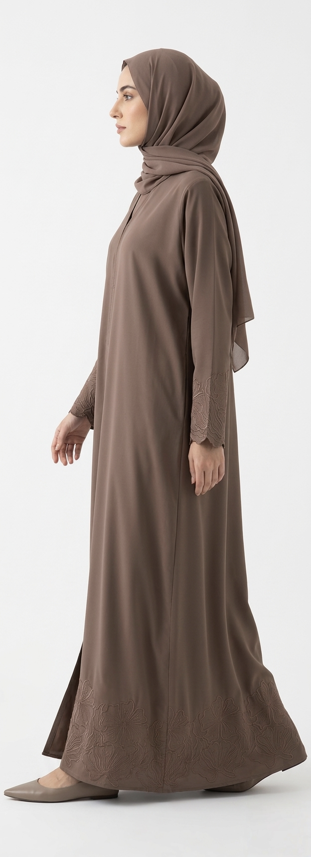 BROWN/ CHOCOLATE EMBROIDERY ABAYA WITH SIMPLE DESIGN. (WITHOUT HIJAB)