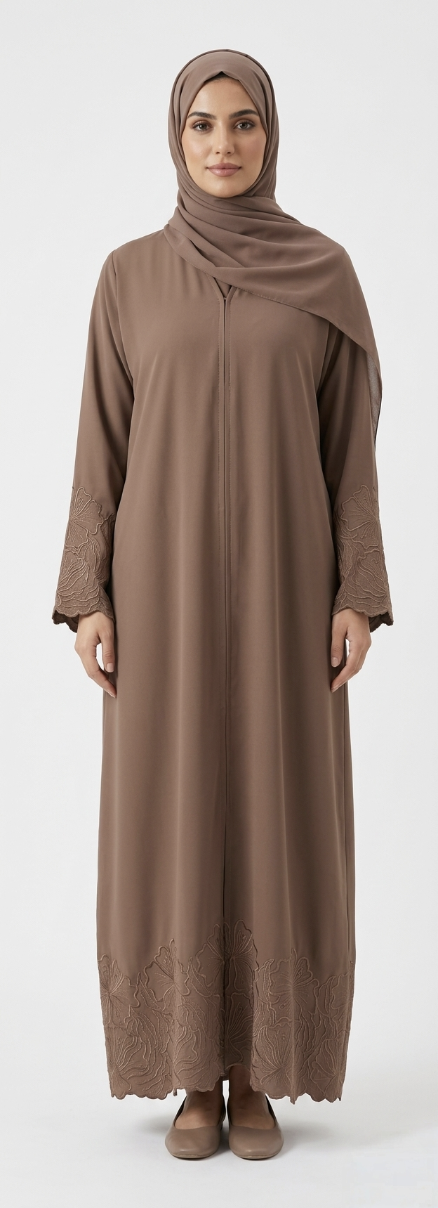 BROWN/ CHOCOLATE EMBROIDERY ABAYA WITH SIMPLE DESIGN. (WITHOUT HIJAB)