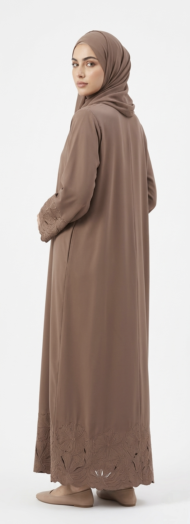 BROWN/ CHOCOLATE EMBROIDERY ABAYA WITH SIMPLE DESIGN. (WITHOUT HIJAB)