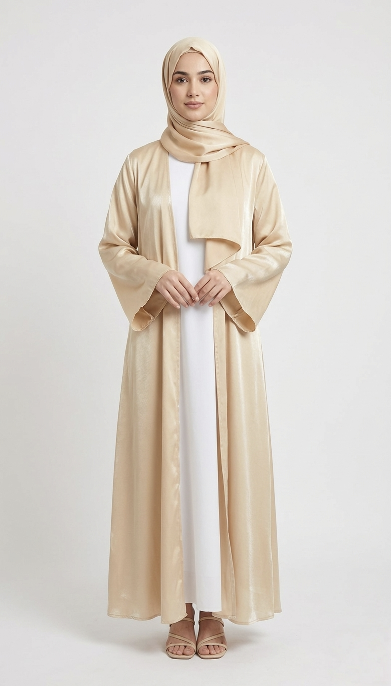 HIZA GOLDEN GLOW SATIN ABAYA KIMONO SUBTLE SHIMMER TEXTURE AND WIDE SLEEVES. (WITHOUT HIJAB)