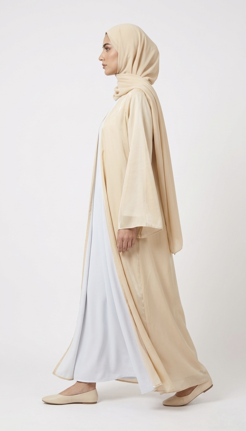 HIZA GOLDEN GLOW SATIN ABAYA KIMONO SUBTLE SHIMMER TEXTURE AND WIDE SLEEVES. (WITHOUT HIJAB)
