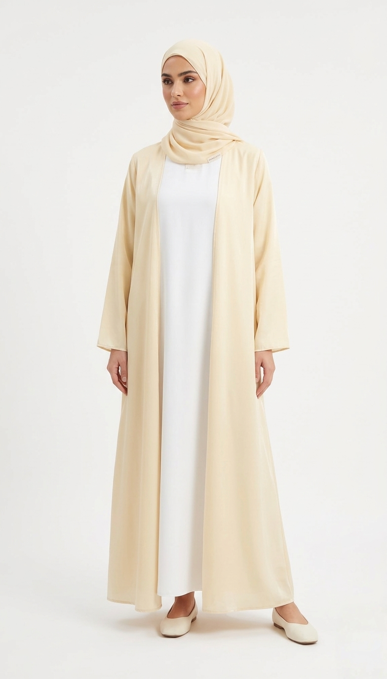 HIZA GOLDEN GLOW SATIN ABAYA KIMONO SUBTLE SHIMMER TEXTURE AND WIDE SLEEVES. (WITHOUT HIJAB)