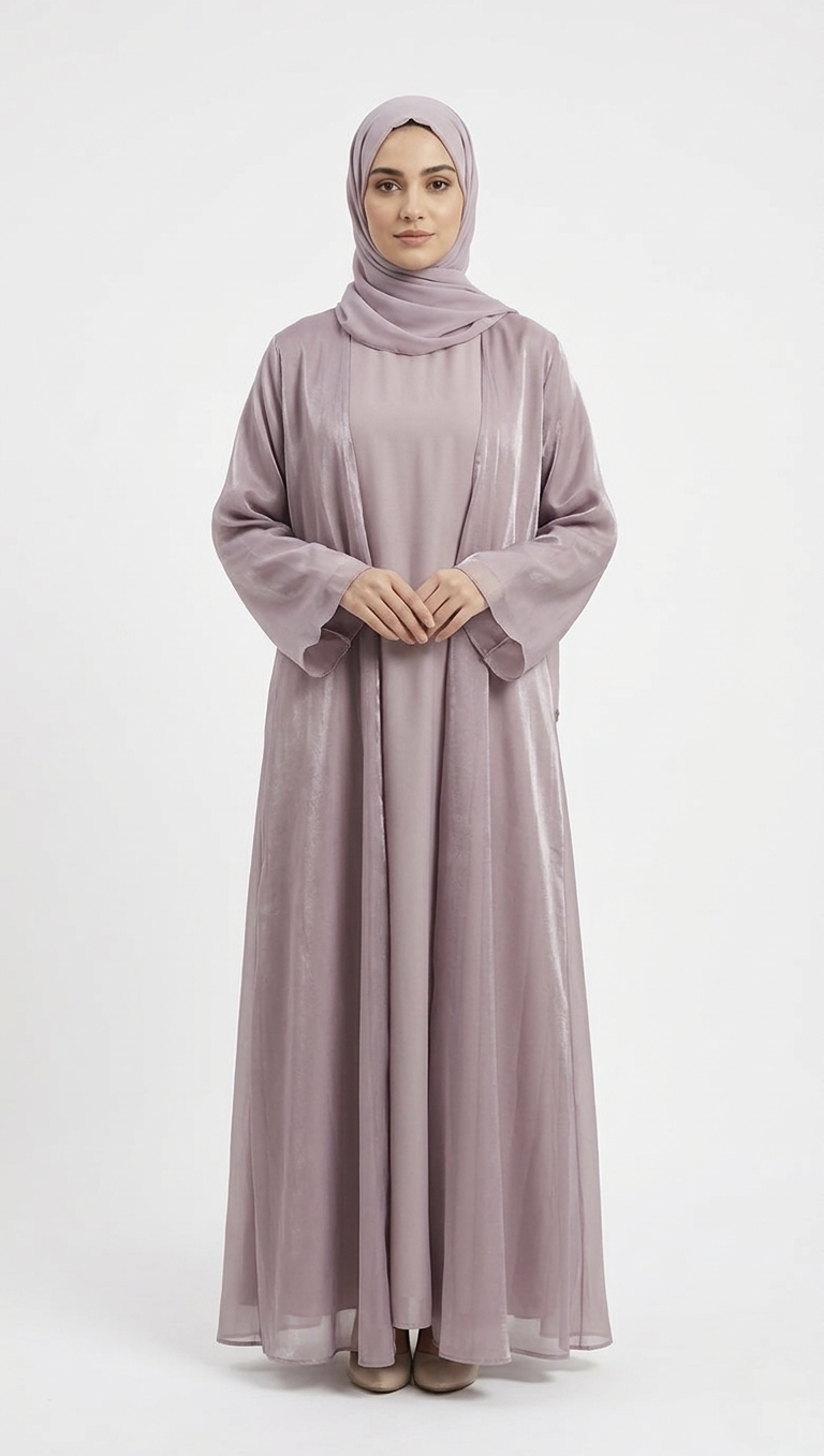 MAUVE/LILAC SATIN ABAYA KIMONO SUBTLE SHIMMER TEXTURE AND WIDE SLEEVES. (WITHOUT HIJAB)