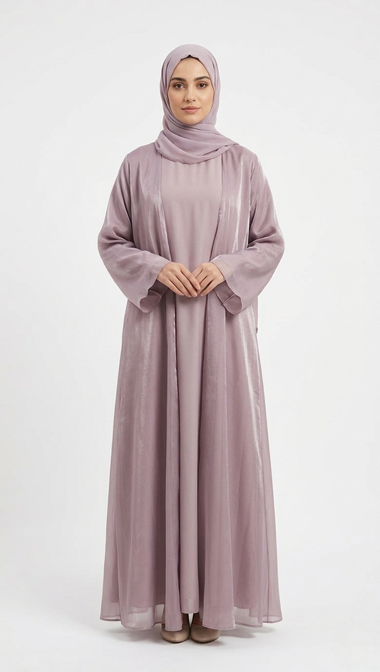 MAUVE/LILAC SATIN ABAYA KIMONO SUBTLE SHIMMER TEXTURE AND WIDE SLEEVES. (WITHOUT HIJAB)