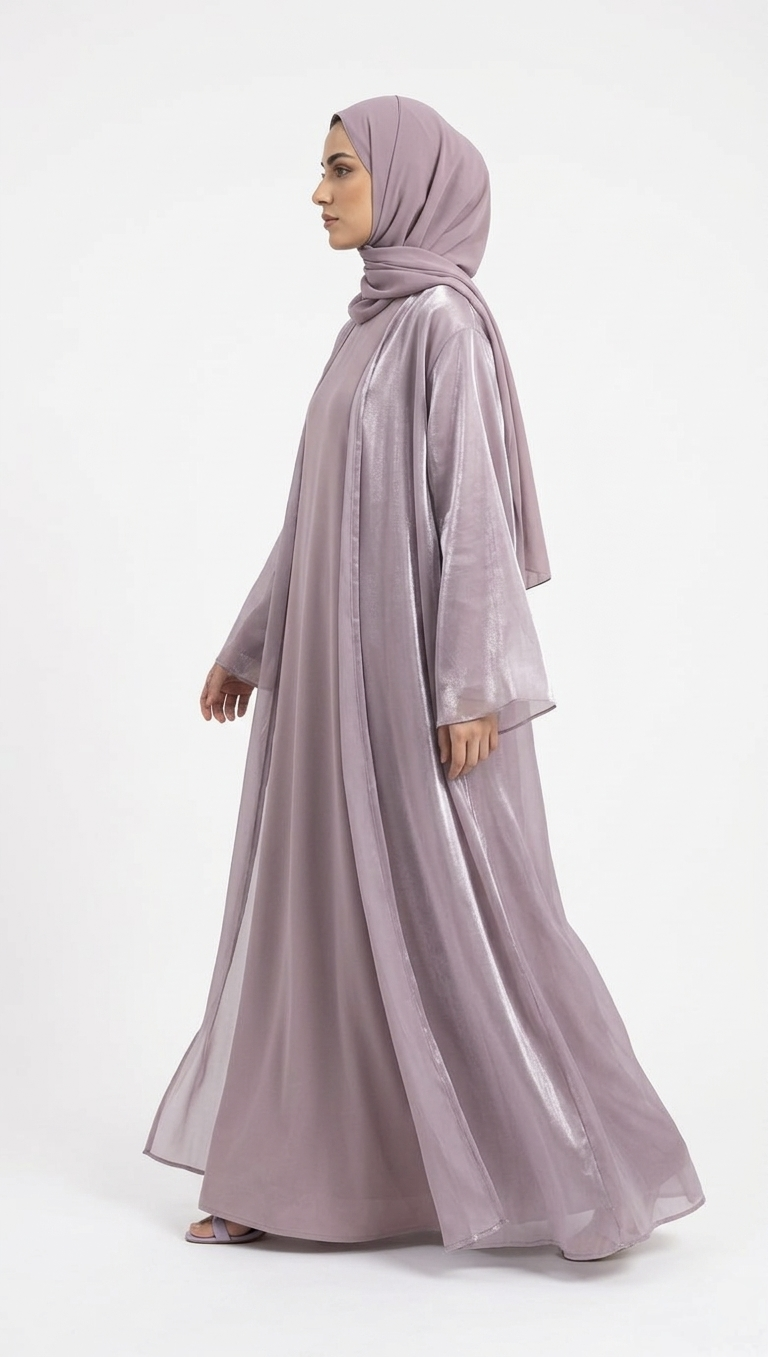 MAUVE/LILAC SATIN ABAYA KIMONO SUBTLE SHIMMER TEXTURE AND WIDE SLEEVES. (WITHOUT HIJAB)