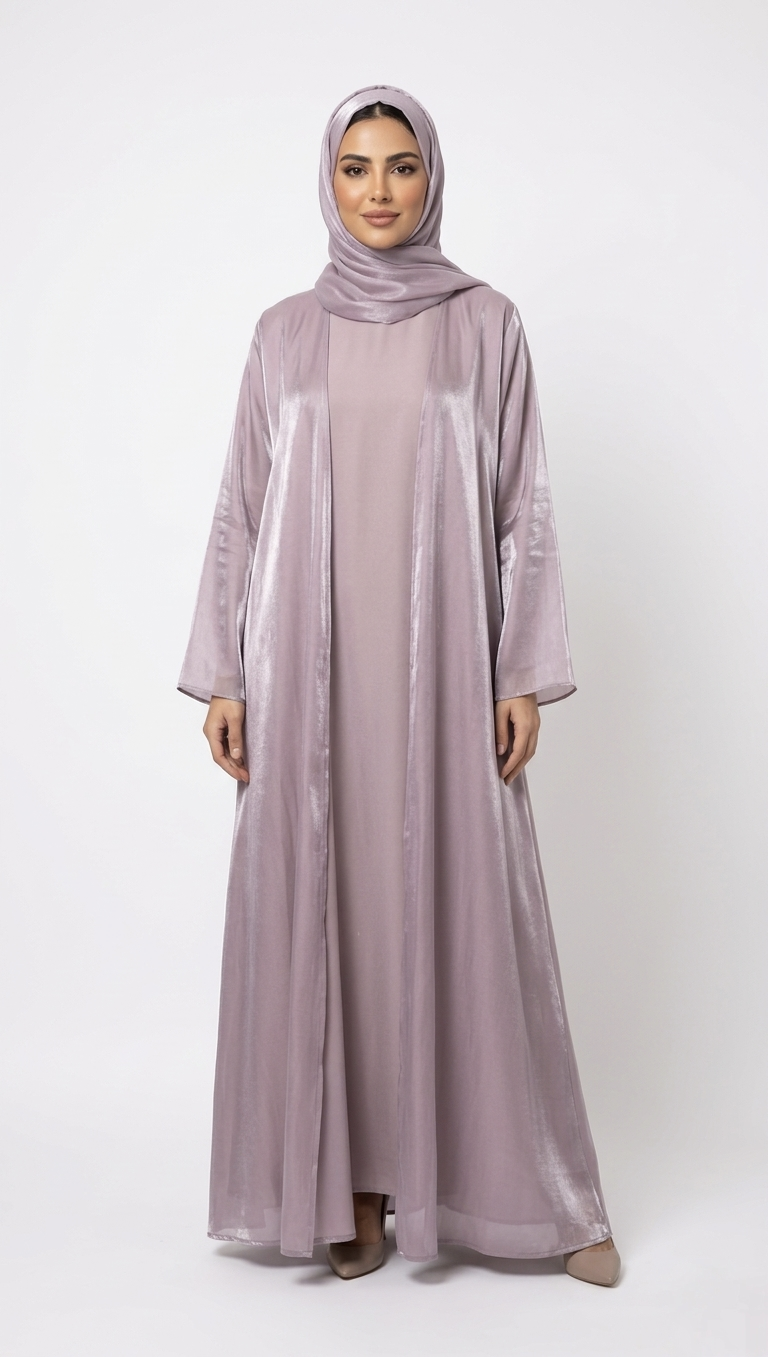 MAUVE/LILAC SATIN ABAYA KIMONO SUBTLE SHIMMER TEXTURE AND WIDE SLEEVES. (WITHOUT HIJAB)