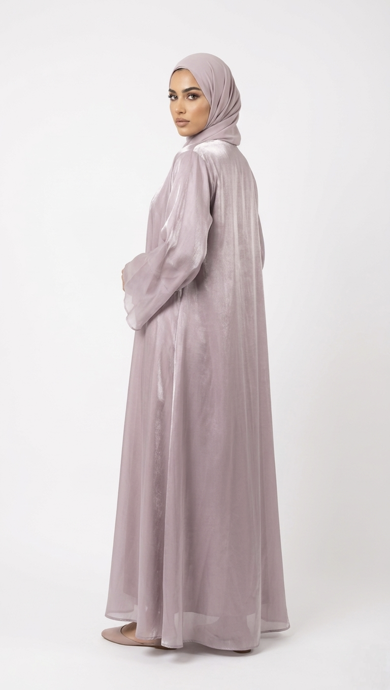 MAUVE/LILAC SATIN ABAYA KIMONO SUBTLE SHIMMER TEXTURE AND WIDE SLEEVES. (WITHOUT HIJAB)