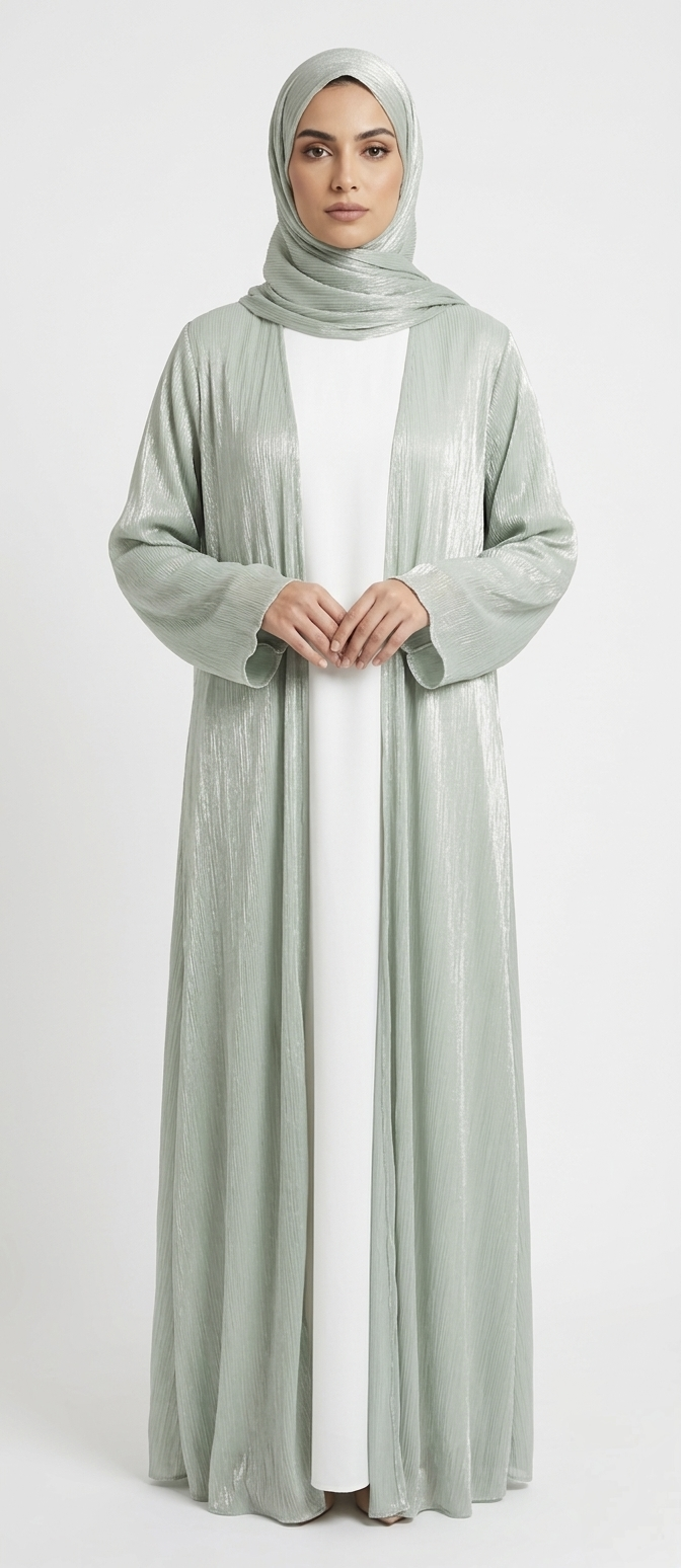KIMOKY MINT GREEN SATIN ABAYA KIMONO SUBTLE SHIMMER TEXTURE AND WIDE SLEEVES. (WITHOUT HIJAB)