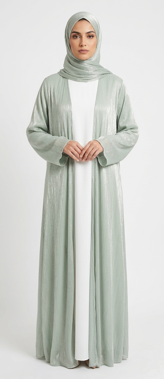 KIMOKY MINT GREEN SATIN ABAYA KIMONO SUBTLE SHIMMER TEXTURE AND WIDE SLEEVES. (WITHOUT HIJAB)