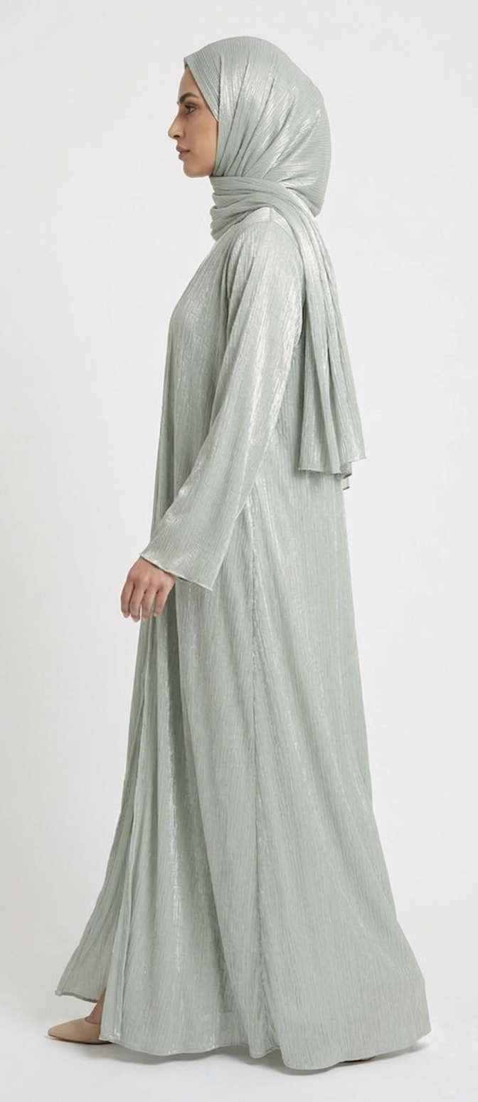 KIMOKY MINT GREEN SATIN ABAYA KIMONO SUBTLE SHIMMER TEXTURE AND WIDE SLEEVES. (WITHOUT HIJAB)
