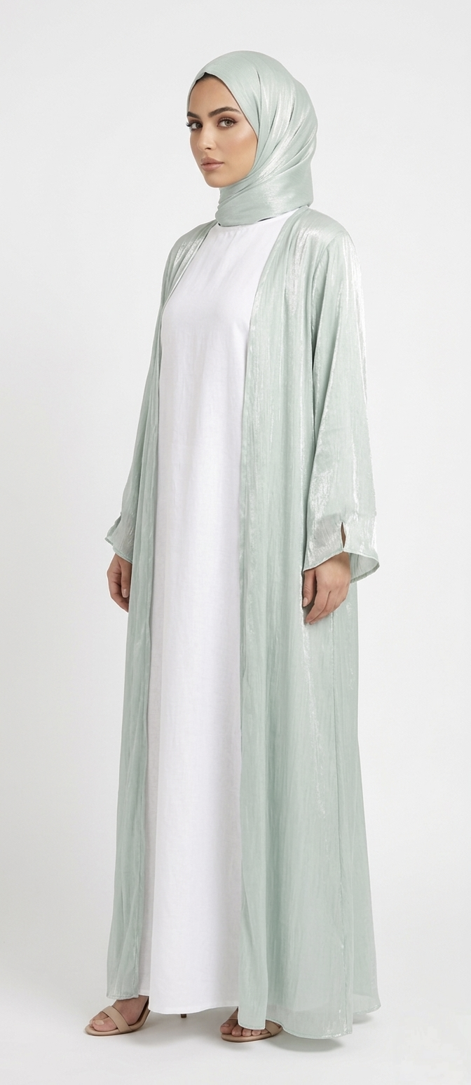 KIMOKY MINT GREEN SATIN ABAYA KIMONO SUBTLE SHIMMER TEXTURE AND WIDE SLEEVES. (WITHOUT HIJAB)
