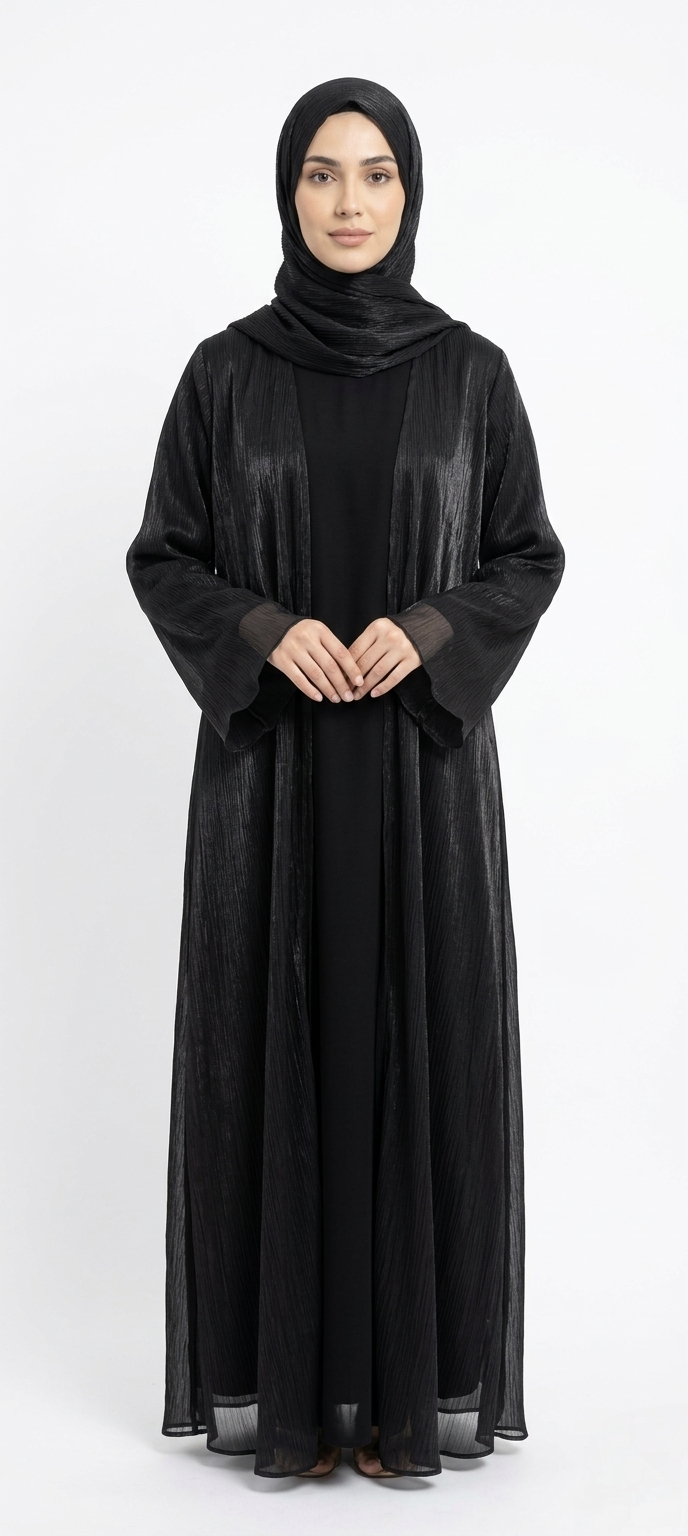 BLACK SATIN ABAYA KIMONO SUBTLE SHIMMER TEXTURE AND WIDE SLEEVES. (WITHOUT HIJAB)
