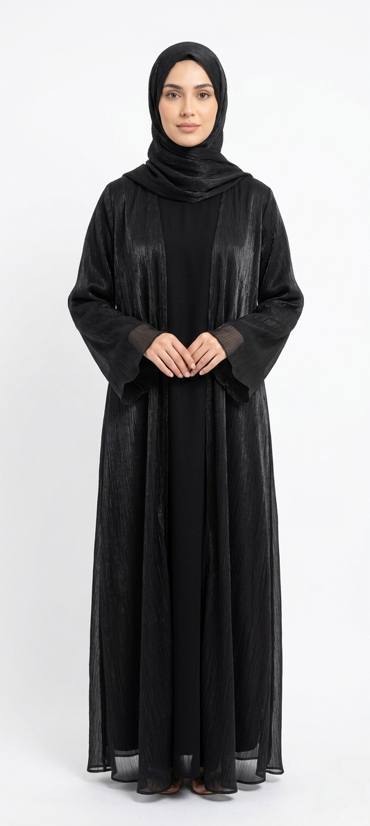 BLACK SATIN ABAYA KIMONO SUBTLE SHIMMER TEXTURE AND WIDE SLEEVES. (WITHOUT HIJAB)