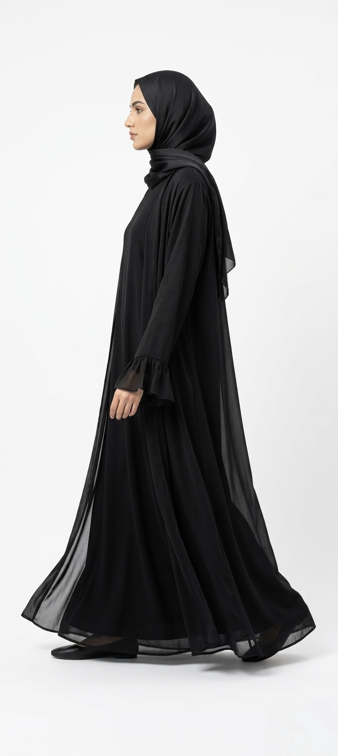 BLACK SATIN ABAYA KIMONO SUBTLE SHIMMER TEXTURE AND WIDE SLEEVES. (WITHOUT HIJAB)