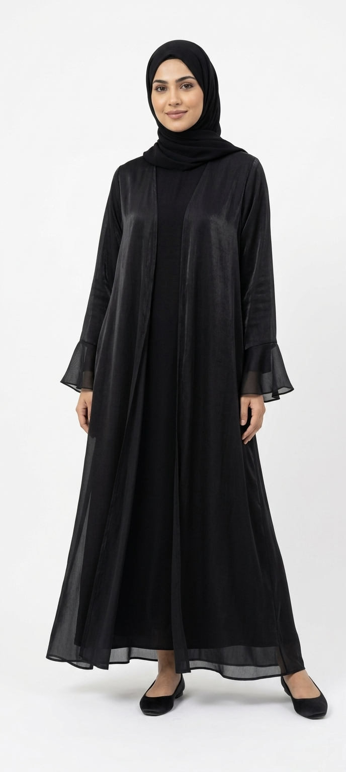 BLACK SATIN ABAYA KIMONO SUBTLE SHIMMER TEXTURE AND WIDE SLEEVES. (WITHOUT HIJAB)
