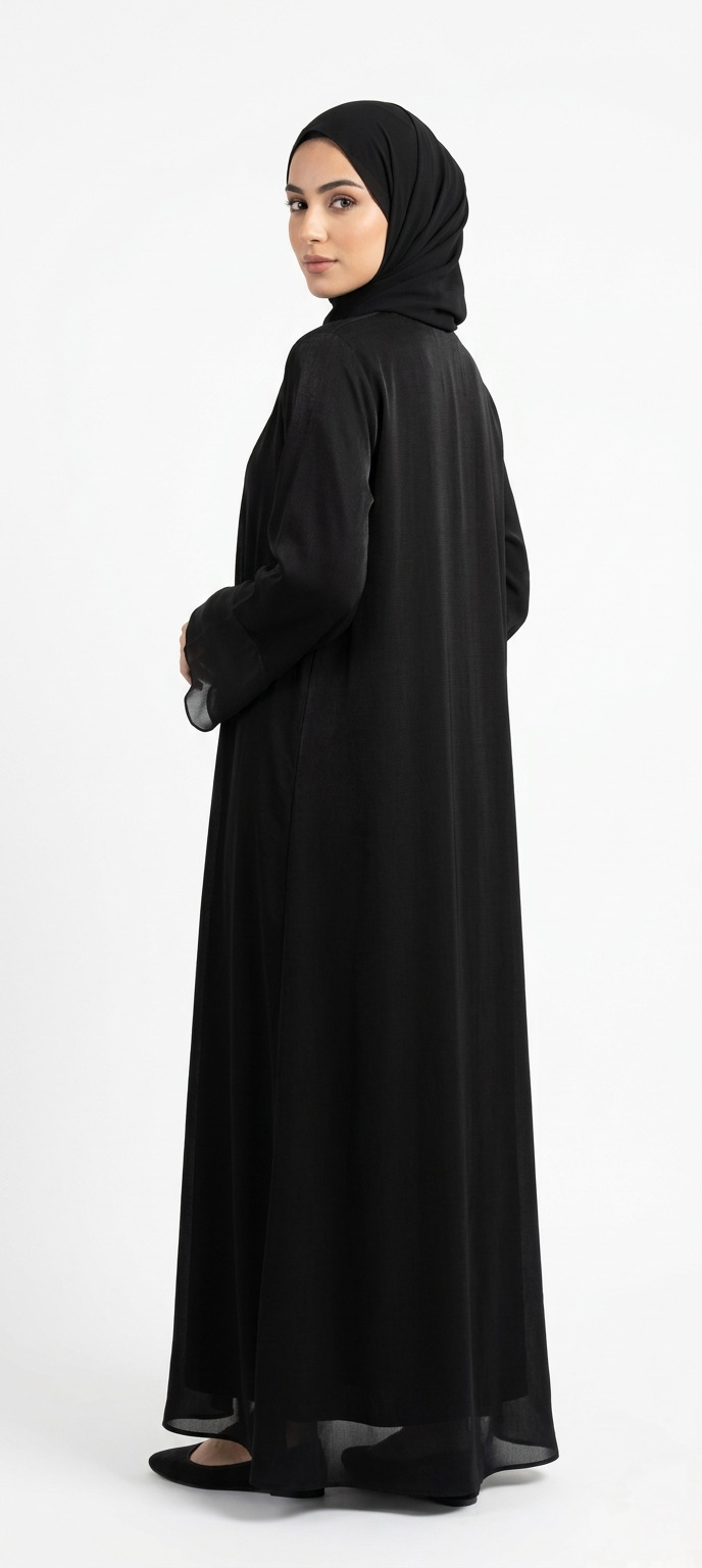 BLACK SATIN ABAYA KIMONO SUBTLE SHIMMER TEXTURE AND WIDE SLEEVES. (WITHOUT HIJAB)